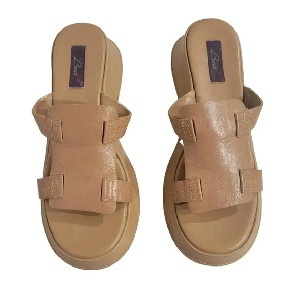 Vintage 1990s Y2K Chunky Platform Tan Wedge Slip On Sandals 10 - Picture 1 of 8